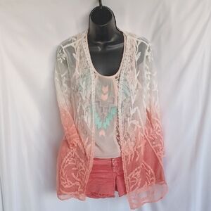 Festival Vibes 4 Pc Set W/Ombre Lace Cardigan, Tank, Bikini Top & Shorts, S